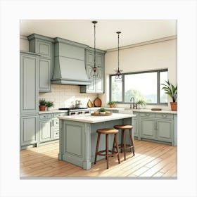 Elegant Kitchen In Watercolor, Calm, Soothing Tones 1 Canvas Print