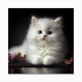 White Kitten With Roses Canvas Print