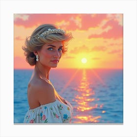 Princess Diana In Front Of A Watercolor Ocean Sunset With Pastel Hues 1 Canvas Print