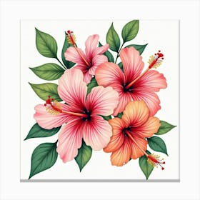 A Vibrant Watercolor Bouquet Of Tropical Hibiscus Flowers Canvas Print