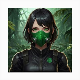 masterpiece, best quality, (Anime:1.4), black-haired girl, green eyes, small respirator mask, toxic environment, black leather outfit, epic portraiture, 2D game art, League of Legends style character Canvas Print
