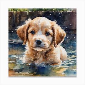 Puppy In The Water Canvas Print