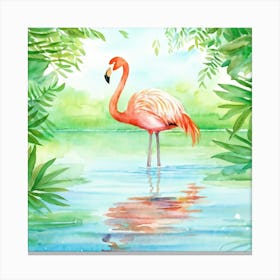 Green Flamingo Gliding On A Glass Like Lake Reflection Shimmering Below Surrounded By Whimsical Fo Canvas Print