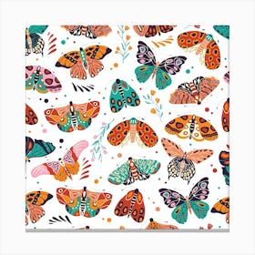 Colorful Hand Drawn Moths And Butterflies Pattern With Florals On White Square Canvas Print