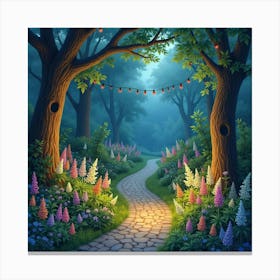 Fairy Lights Illuminating A Magical Garden, Watercolor 1 Canvas Print