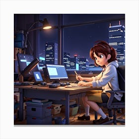 Anime Girl Working At Desk 2 Canvas Print
