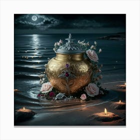 A golden jar on beach under moonlight 2 Canvas Print