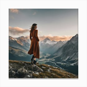 Woman Standing On Top Of Mountain Canvas Print