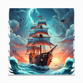 Pirate Ship In Stormy Sea Canvas Print