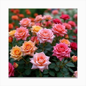 A Vibrant Rose Garden In Full Bloom, Showcasing Various Colors Of Roses Canvas Print