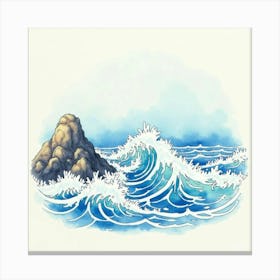 Watercolor Waves Crashing Against Rocks, Inspired By Japanese Woodblock Prints 1 Canvas Print