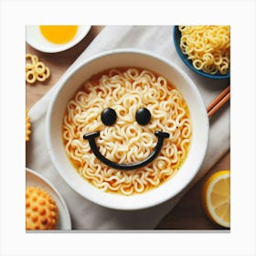 A bowl of instant noodles with a smiley face made of seaweed. Canvas Print