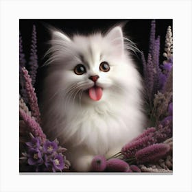 White Cat With Purple Flowers Canvas Print