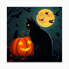 Black Cat By Pumkin And Ravens At Night - Diverse Art Illustration 22 Canvas Print