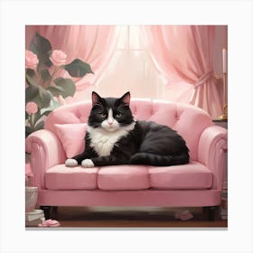 Cat Nap Tuxedo Cat Napping In Pink Interior Art Print 4 Canvas Print