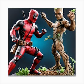 Deadpool Fighting Groot Hyper Realistic Canvas Print