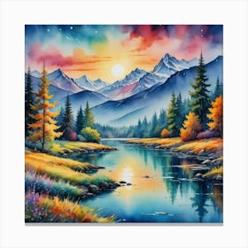 Glowing Horizons: A Surreal Alpine Scene Sunset By The River Canvas Print