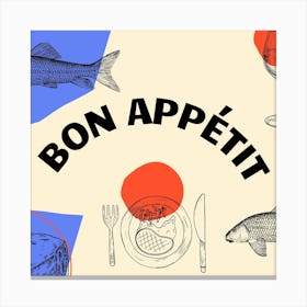 Bon Appetit Kitchen Poster Retro Drawing Canvas Print