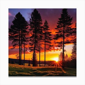 Sunset Over Pine Trees Canvas Print