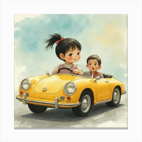 Asian Girl And Passenger In Toy Car Leinwandbild