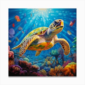 Psychedelic Paddle: The Green Turtle's Colorful Swim. Photo Of Sea Turtle In The Sea Canvas Print