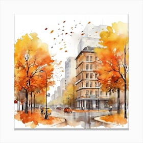 Watercolor Autumn City Street Canvas Print