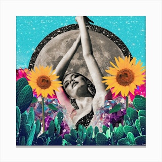 Sunflower Cactus Moon Babe Collage Square Canvas Print