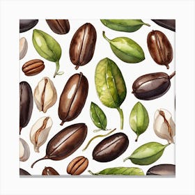 Seamless Pattern With Coffee Beans And Leaves Canvas Print