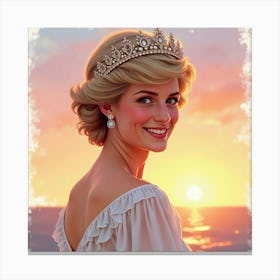 Smiling Princess Diana With A Soft Pastel Watercolor Sunset Behind Her Canvas Print