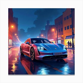 Porsche Taycan Turbo S In A Colorful Watercolor Urban Nightscape, No Logo Or Signature 1 Canvas Print