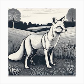 Fox In The Field Linocut 2 Canvas Print