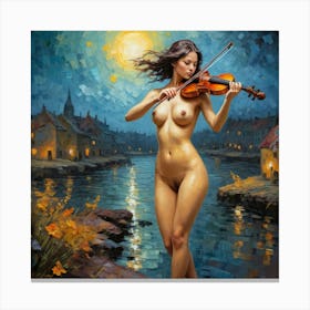 Naked Woman Playing The Violin, Van Gogh's Style Canvas Print