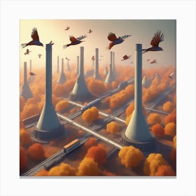 Birds Taking Off To Different Country In Autumn Isometric Digital Art Smog Pollution Toxic Wast (2) Canvas Print