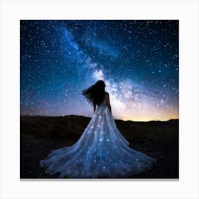 Cosmic Woman Draped In A Flowing Ethereal Gown Stands Beneath The Vast Nightfall Sky Stars Speckl Canvas Print