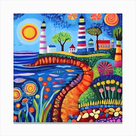 Colorful Surreal Landscape With Lighthouses Canvas Print