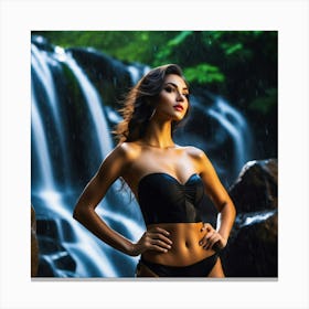 Beautiful Woman In Bikini In Front Of Waterfall xvh Canvas Print