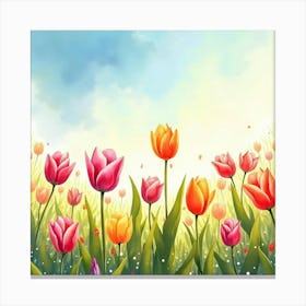 Colorful Tulips Dancing In A Watercolor Field Under A Sunny Sky 1 Canvas Print