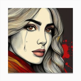 Girl With Tears On Her Face Line Art Canvas Print