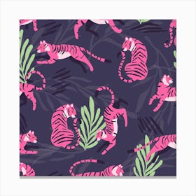 Pink Tiger Pattern On Purple With Floral Decoration Square Canvas Print