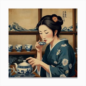 Asian Woman Drinking Tea Canvas Print