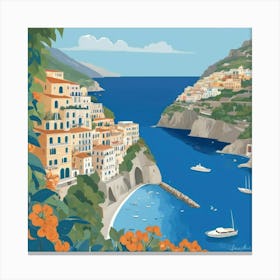 Italy Amalfi Coast Cute Illustration In Blue Art Print 1 Canvas Print