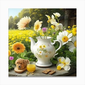 Dog And Flowers Canvas Print