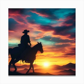 Silhouette Of A Cowboy Riding Into The Sunset, C4d, Dreamy And Optimistic, Vibrant Sky 2 Canvas Print