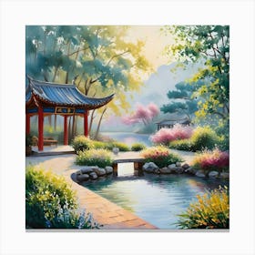 Water Color Oil Painting Of A Tranquil Zhen Garden 4 Canvas Print