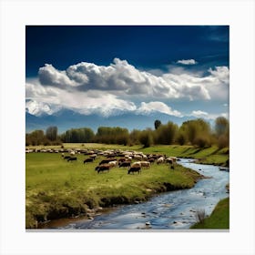 Herds Grazing In The Mountains Canvas Print