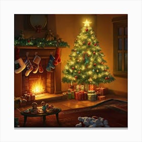 Cozy Christmas Eve Crackling Fireplace Casting A Soft Glow On The Elaborate Decorated Tree Toys Su (3) Canvas Print