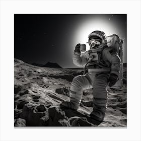 Black And White Photograph Of An Astronaut Drinking Coffee Standing Canvas Print