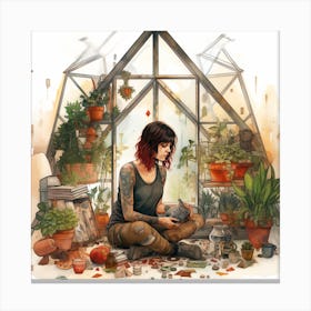 Redhead Girl In A Greenhouse With Plants Watercolour Canvas Print