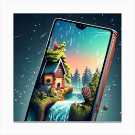 A smartphone whose screen displays a miniature view of a waterfall. Canvas Print
