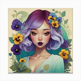 Asian Girl With Pansies 1 Canvas Print